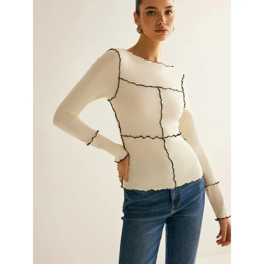 Commense‎ Deep Burgundy Ribbed Lettuce Hem Seam Detail Long Sleeve Top Small - Picture 10 of 13